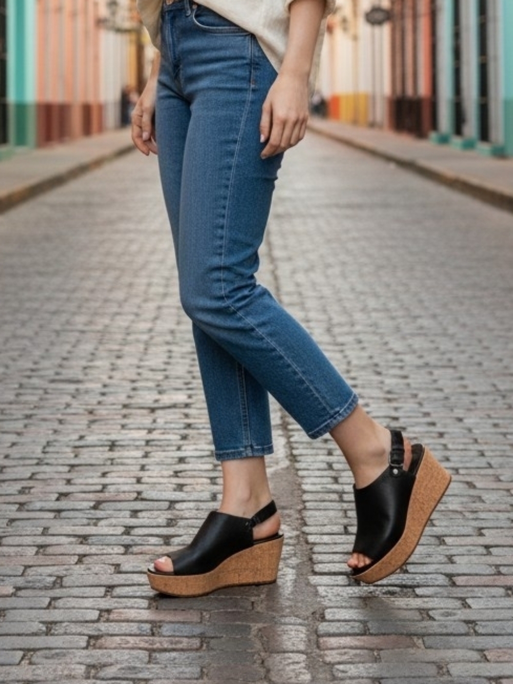 Eileen Fisher Black Leather Slingback Wedge Cork Sandals Size 9